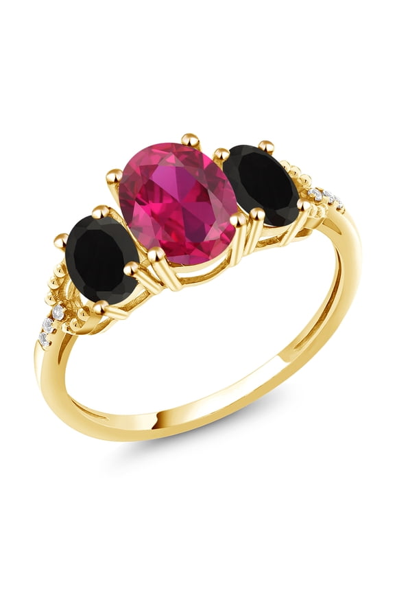 2.34 Ct Oval Red Created Ruby Black Onyx 10K Yellow Gold Ring (Size 8)