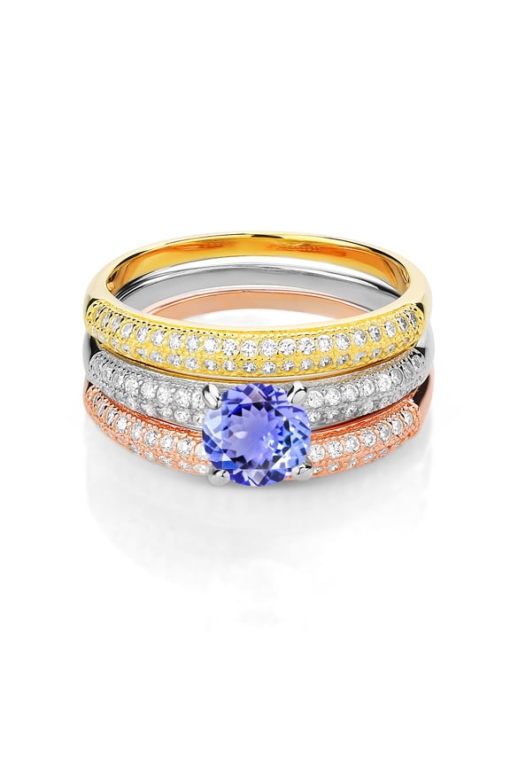 2.34 Ct Round Blue Tanzanite 925 Sterling Silver Set of 3 Stacking Ring (Size 5)