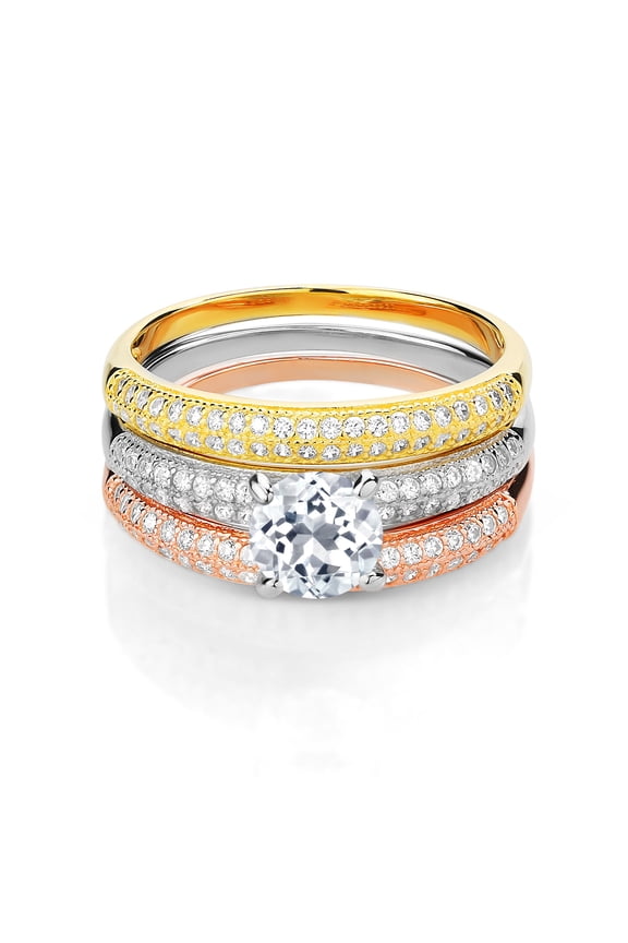 2.34 Ct Round White Topaz 925 Sterling Silver Set of 3 Stacking Ring (Size 5)