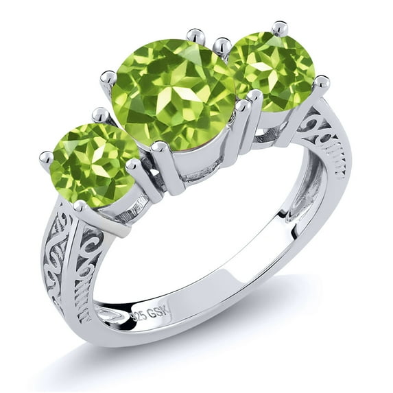 Gem Stone King 2.35 Cttw Round Green Peridot 3-Stone Ring in 925 Sterling Silver | Three Stone Wedding Engagement Anniversary Promise Ring for Women | Available in Size 5, 6, 7, 8, 9