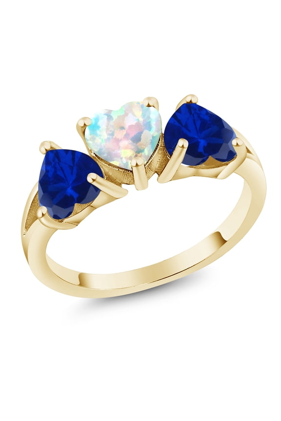 2.35 Cttw Simulated Opal and Blue Created Sapphire 18K Yellow Gold Plated Silver Ring for Women | Gemstone Birthstone | 6MM Heart (Size 7)