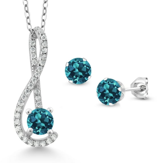 Gem Stone King 2.36 Ct London Blue Topaz White Created Sapphire 925 Sterling Silver Pendant and Earrings Jewelry Set