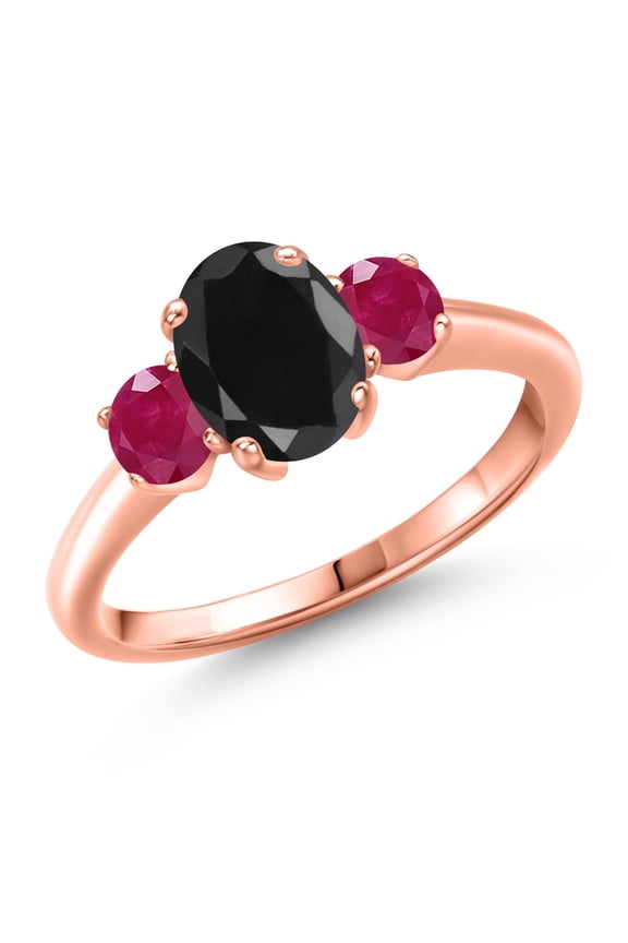 2.36 Ct Oval Black Sapphire Red Ruby 18K Rose Gold Plated Silver Ring (Size 9)