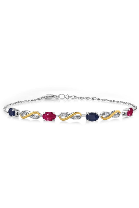 2.36 Ct Oval Blue Sapphire Red Ruby 925 Silver and 10K Yellow Gold Lab Grown Diamond Infinity Bracelet for Women Mother's Mom Wife Her, Fully Adjustable up to 7.5 inch)