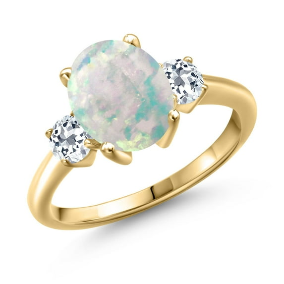 Gem Stone King 2.36 Ct Oval Cabochon White Simulated Opal White Topaz 18K Yellow Gold Plated Silver Ring