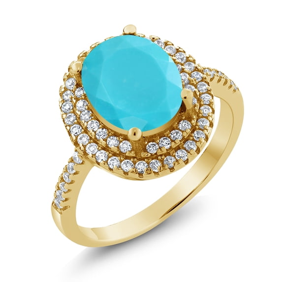 Gem Stone King 2.36 Ct Oval Green Turquoise 18K Yellow Gold Plated Silver Ring (Size 9)