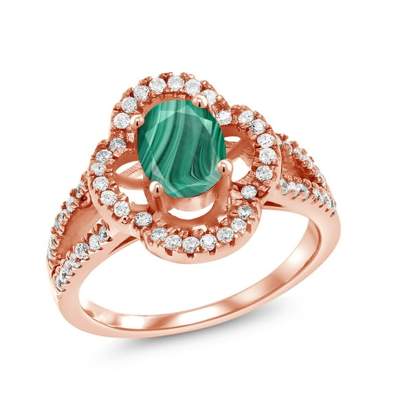Gem Stone King 2.37 Ct Oval Green Malachite 18K Rose Gold Plated Silver Ring (Size 5)