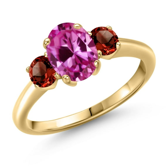 Gem Stone King 2.39 Ct Oval Pink Created Sapphire Red Garnet 18K Yellow Gold Plated Silver Ring (Size 8)