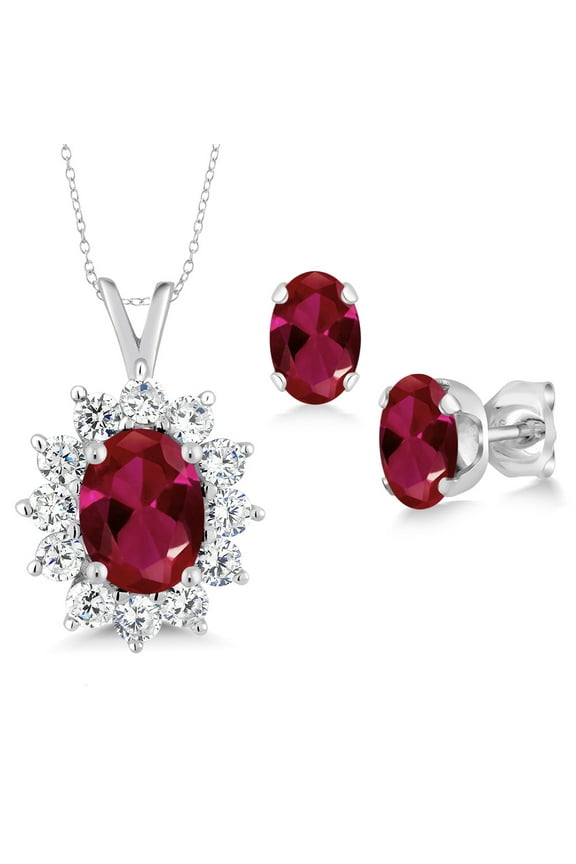 2.39 Ct Oval Red Created Ruby 925 Sterling Silver Pendant and Earrings Jewelry Set