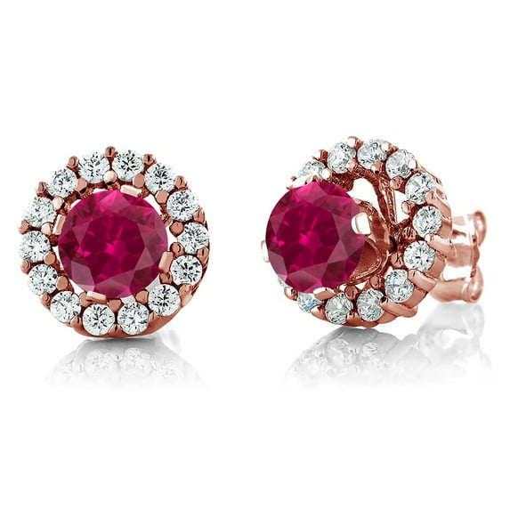 Gem Stone King 2.39 Ct Round Red Created Ruby 18K Rose Gold Plated Silver Earrings