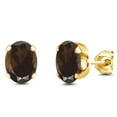 thumbnail image 1 of Gem Stone King 18K Yellow Gold Plated Silver Brown Smoky Quartz Stud Earrings for Women Men | 2.40 Cttw | Gemstone Birthstone | Oval 8X6MM, 1 of 4