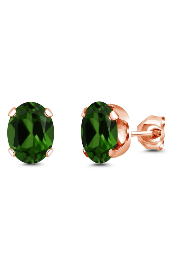 18K Rose Gold Plated Silver Green Chrome Diopside Stud Earrings for Women Men | 2.40 Cttw | Gemstone Birthstone | Oval 8X6MM
