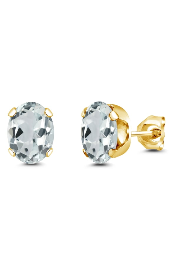 18K Yellow Gold Plated Silver Sky Blue Aquamarine Stud Earrings for Women Men | 2.40 Cttw | Gemstone March Birthstone | Oval 8X6MM