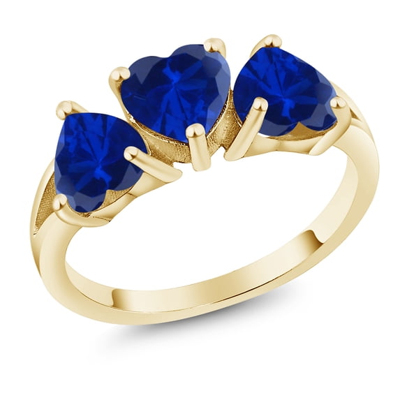 Gem Stone King 2.40 Ct Heart Shape Blue Created Sapphire 18K Yellow Gold Plated Silver Ring
