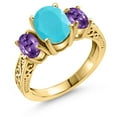 thumbnail image 1 of Gem Stone King 2.40 Ct Oval Green Turquoise Purple Amethyst 18K Yellow Gold Plated Silver Ring (Size 5), 1 of 6