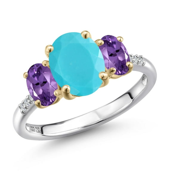 Gem Stone King 925 Silver and 10K Yellow Gold Green Turquoise and Purple Amethyst and Lab Grown Diamond Engagement Ring for Women | 2.46 Cttw | Oval 9X7MM | Birthstone | Size 9