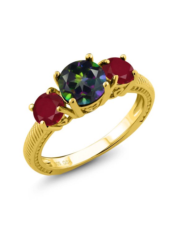 2.40 Ct Round Green Mystic Topaz Red Ruby 18K Yellow Gold Plated Silver 3 Stone Ring (Size 5)