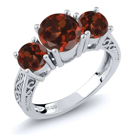 Gem Stone King 2.40 Ct Round Red VS Garnet 925 Sterling Silver 3-Stone Ring