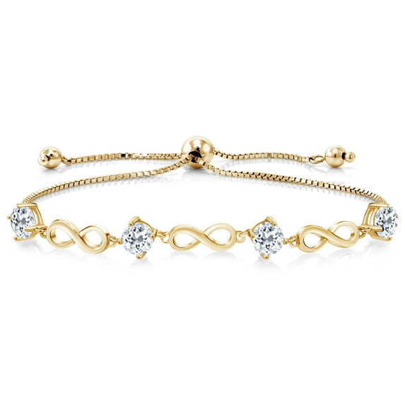 Gem Stone King 2.40 Ct Round White Topaz 18K Yellow Gold Plated Silver Keren Hanan Women Adjustable Infinity Tennis Bracelet