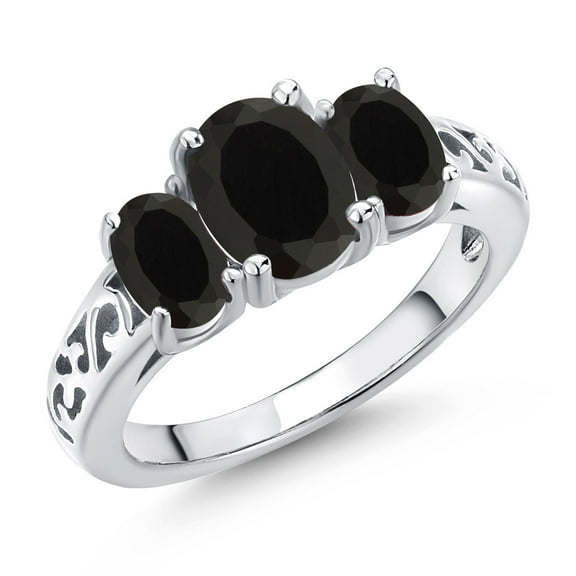 Gem Stone King 2.40 Cttw Black Onyx Filigree Style 3-Stone Ring for Women | 925 Sterling Silver | Oval 8X6MM and 6X4MM | Three Stone Wedding Engagement Anniversary Promise Ring | Size 6