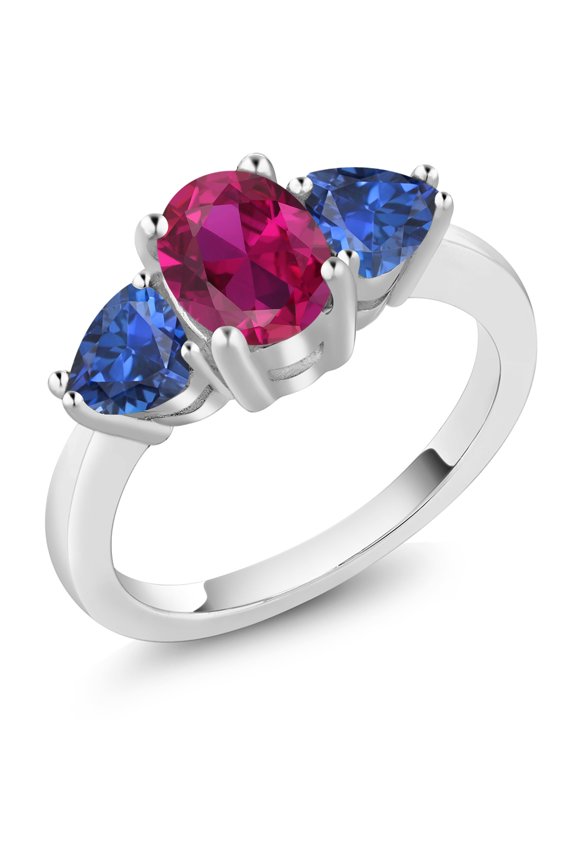2.43 Ct Oval Red Created Ruby Blue Created Sapphire 925 Sterling Silver Ring (Size 5)