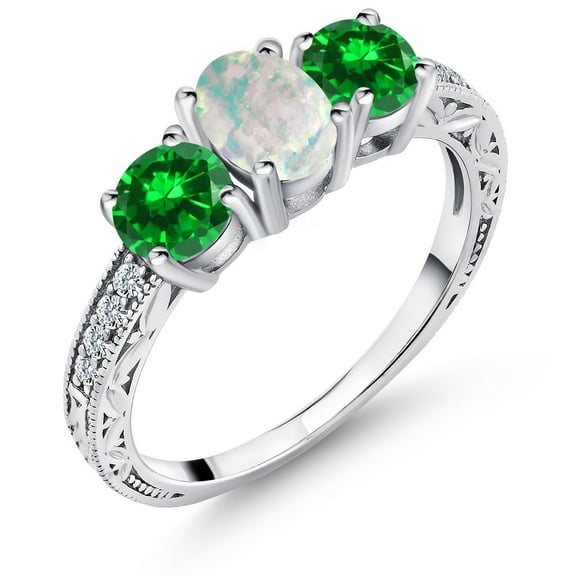 Gem Stone King 2.43 Cttw Oval Cabochon White Simulated Opal and Green Simulated Emerald 3-Stone Ladies Engagement Ring for Women | 925 Sterling Silver (Size 7)