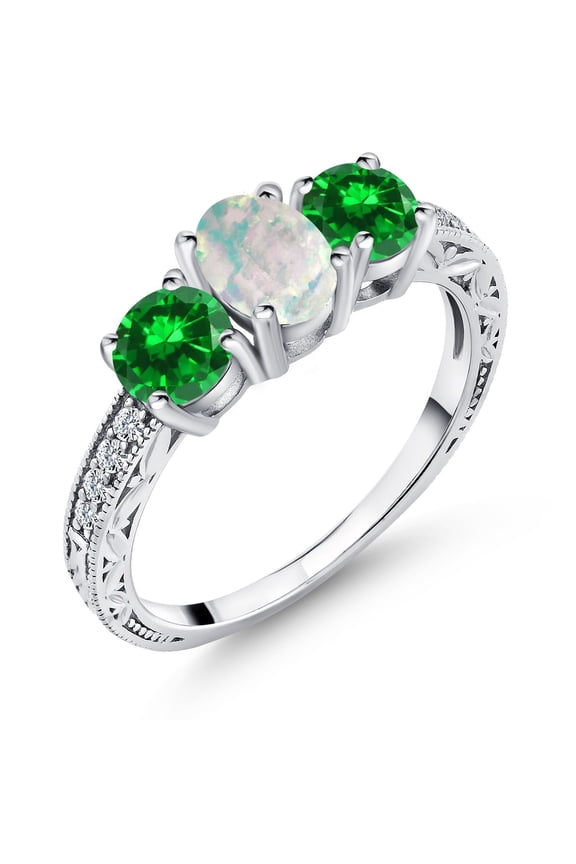 2.43 Cttw Oval Cabochon White Simulated Opal and Green Simulated Emerald 3-Stone Engagement Ring for Women | 925 Sterling Silver | Wedding Engagement Anniversary Ring  | Size 7
