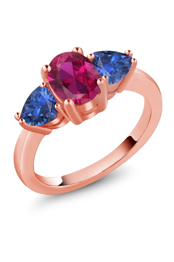 2.43 Ct Red Created Ruby Blue Created Sapphire 18K Rose Gold Plated Silver Ring (Size 5)