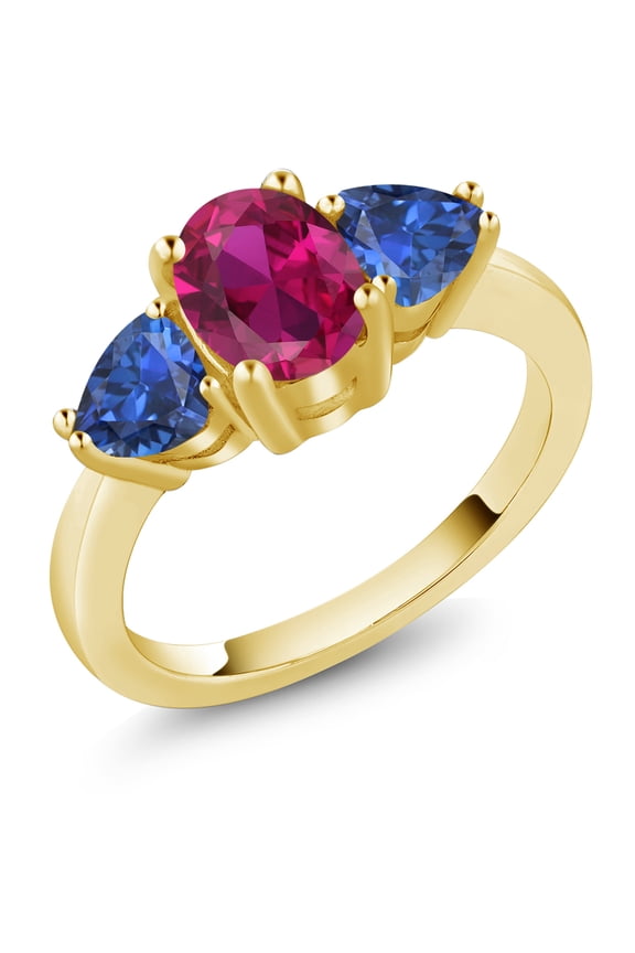 2.43 Ct Red Created Ruby Blue Created Sapphire 18K Yellow Gold Plated Silver Ring (Size 5)