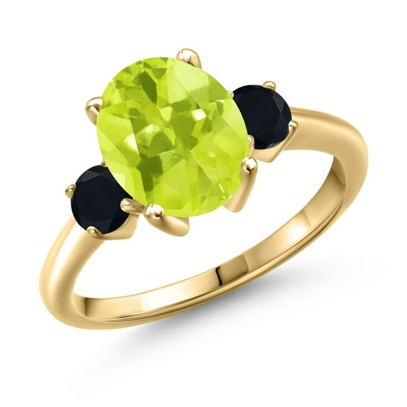 Gem Stone King 2.44 Ct Oval Yellow Lemon Quartz Black Onyx 18K Yellow Gold Plated Silver Ring