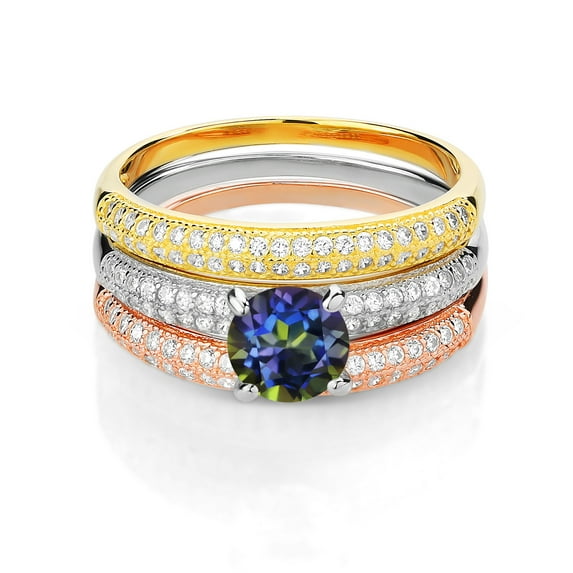 Gem Stone King 2.44 Ct Round Blue Mystic Topaz 925 Sterling Silver Set of 3 Stacking Ring (Size 5)