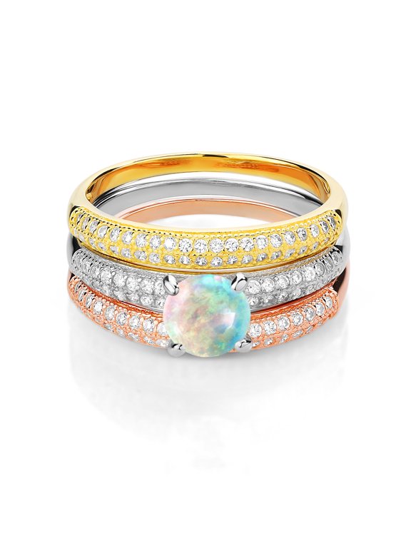 1.74 Ct Round Cabochon White Simulated Opal 925 Sterling Silver Set of 3 Stacking Ring (Size 5)