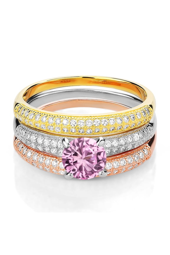 2.44 Ct Round Pink Created Sapphire 925 Sterling Silver Set of 3 Stacking Ring (Size 5)