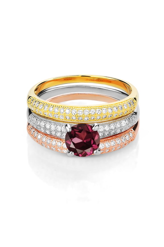 2.44 Ct Round Red Rhodolite Garnet 925 Sterling Silver Set of 3 Stacking Ring (Size 5)