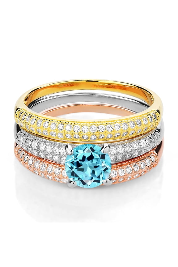 2.44 Ct Round Swiss Blue Topaz 925 Sterling Silver Set of 3 Stacking Ring (Size 5)