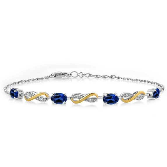 Gem Stone King 2.45 Ct Oval Blue Created Sapphire 925 Silver and 10K Yellow Gold Lab Grown Diamond Infinity Bracelet for Women Mother's Mom Wife Her, Fully Adjustable up to 7.5 inch)
