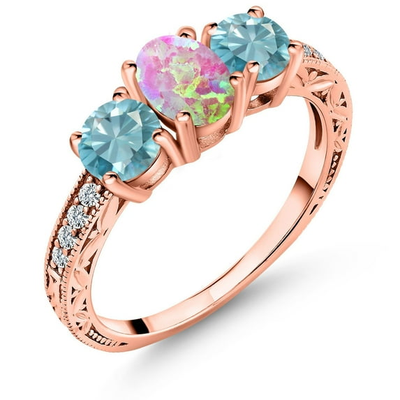Gem Stone King 2.45 Ct Oval Cabochon Pink Simulated Opal Blue Zircon 18K Rose Gold Plated Silver Ring (Size 7)