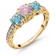 thumbnail image 1 of Gem Stone King 2.45 Ct Oval Cabochon Pink Simulated Opal Blue Zircon 18K Yellow Gold Plated Silver Ring (Size 8), 1 of 6