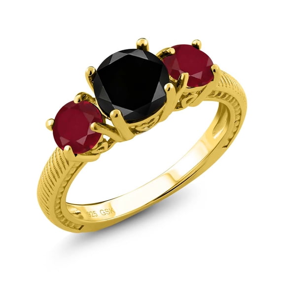 Gem Stone King 2.45 Ct Round Black Diamond Red Ruby 18K Yellow Gold Plated Silver 3 Stone Ring (Size 5)