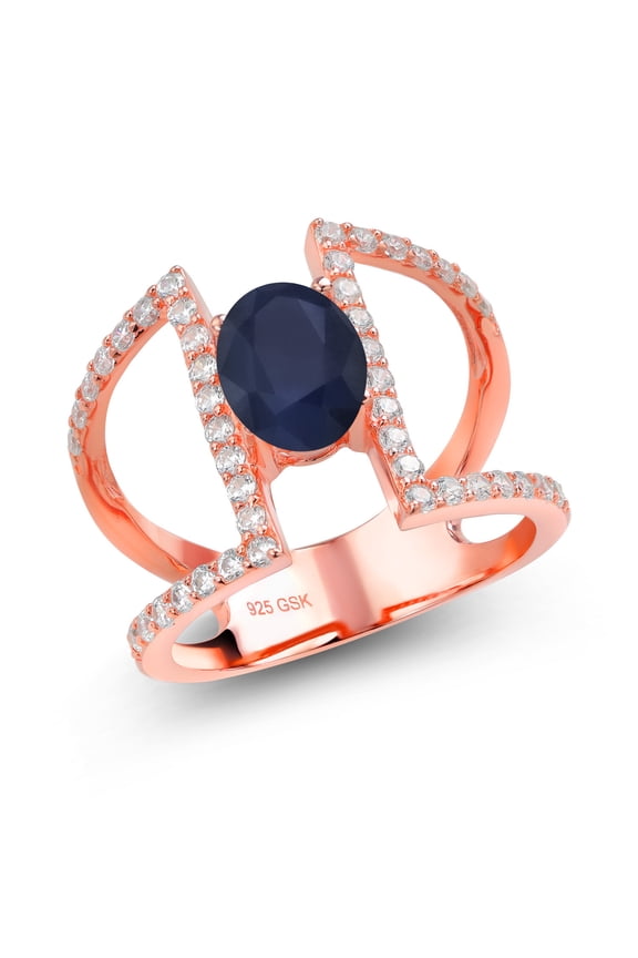 2.46 Ct Oval Blue Sapphire 18K Rose Gold Plated Silver Ring (Size 5)
