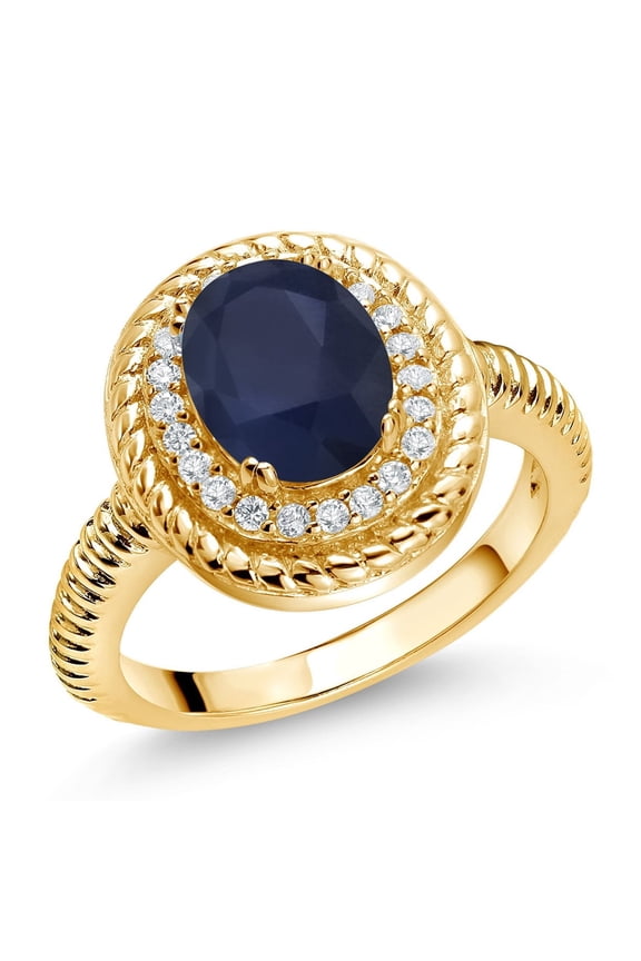 2.46 Ct Oval Blue Sapphire 18K Yellow Gold Plated Silver Halo Engagement Ring (Size 8)