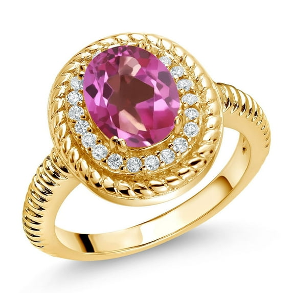 Gem Stone King 2.46 Ct Oval Pink Mystic Topaz 18K Yellow Gold Plated Silver Halo Engagement Ring (Size 5)