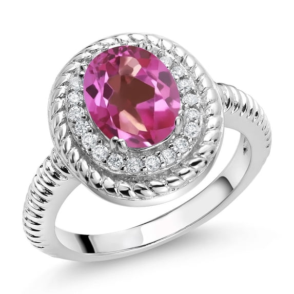 Gem Stone King 2.46 Ct Oval Pink Mystic Topaz 925 Sterling Silver Halo Engagement Ring (Size 6)