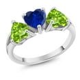 thumbnail image 1 of Gem Stone King 2.46Ct Heart Shape Blue Created Sapphire Green Peridot 925 Silver 3-Stone Ring (Size 9), 1 of 3