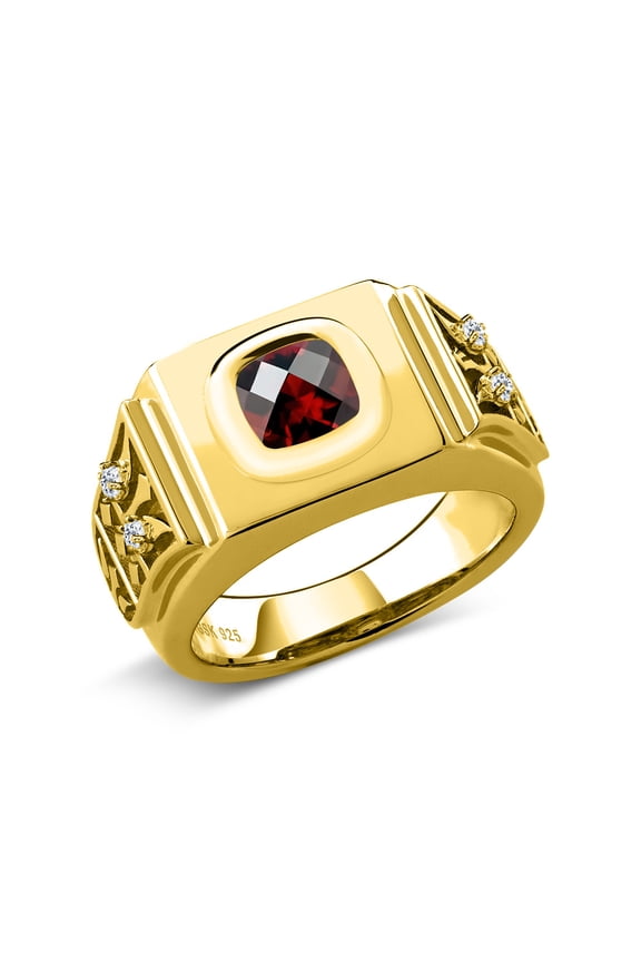 2.48 Ct Cushion Checkerboard Red Garnet White Topaz 18K Yellow Gold Plated Silver Men's Ring (Size 8)