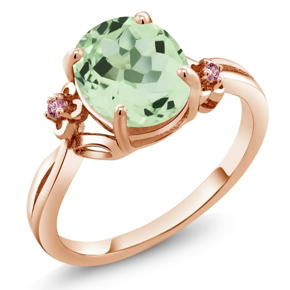 Gem Stone King 2.48 Ct Green Prasiolite Pink Lab Grown Diamond 18K Rose Gold Plated Silver Ring (Size 6)