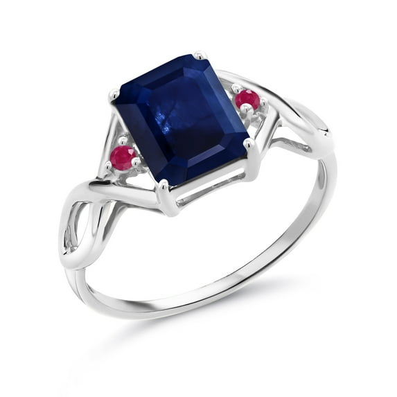 Gem Stone King 2.48 Ct Octagon Blue Sapphire Red Ruby 925 Sterling Silver Ring (Size 8)