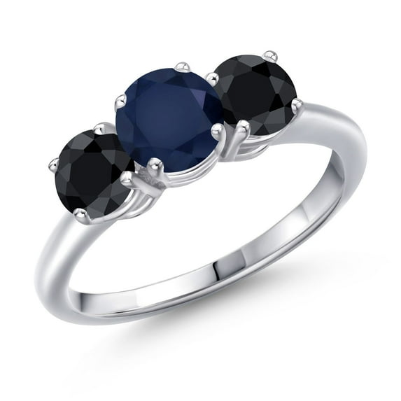 Gem Stone King 925 Sterling Silver Blue Sapphire and Black Sapphire Engagement Ring for Women | 2.48 Cttw | Round 6MM | Gemstone September Birthstone | Size 9