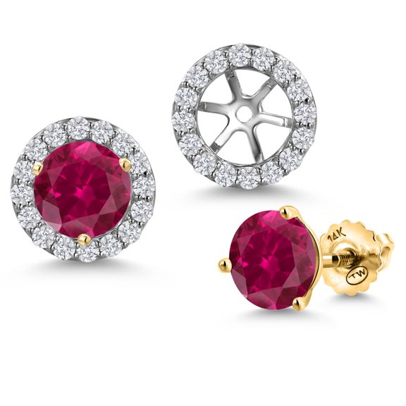 14K Two-Tone Gold Red Created Ruby and Lab Grown Diamond Removable Jacket Stud Halo Earrings for Women | 2.48 Cttw | Round 6MM | July Birthstone | Fine Jewelry Gift for Her Mom Women Wife