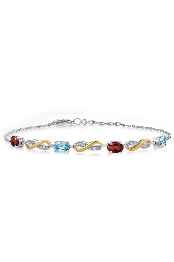 2.49 Ct Oval Red Garnet Blue Zircon 925 Silver and 10K Yellow Gold Lab Grown Diamond Infinity Bracelet for Women Mother's Mom Wife Her, Fully Adjustable up to 7.5 inch)